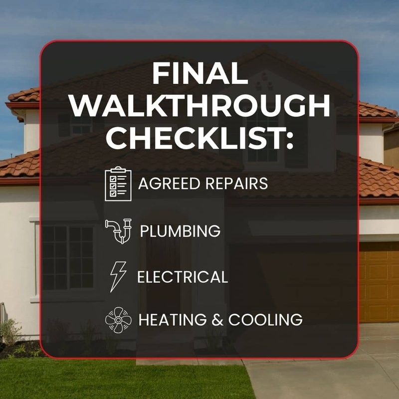 Final walkthrough checklist graphic showing agreed repairs, plumbing, electrical, and heating and cooling over a two-story California home with a tile roof